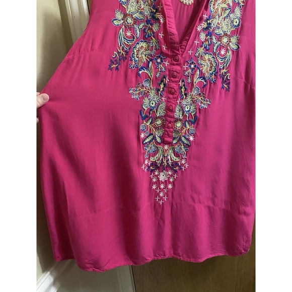 Luna Moon Hot Pink Boho Tunic Floral Embroidered Blouse Half Button Light Size L - Picture 7 of 16